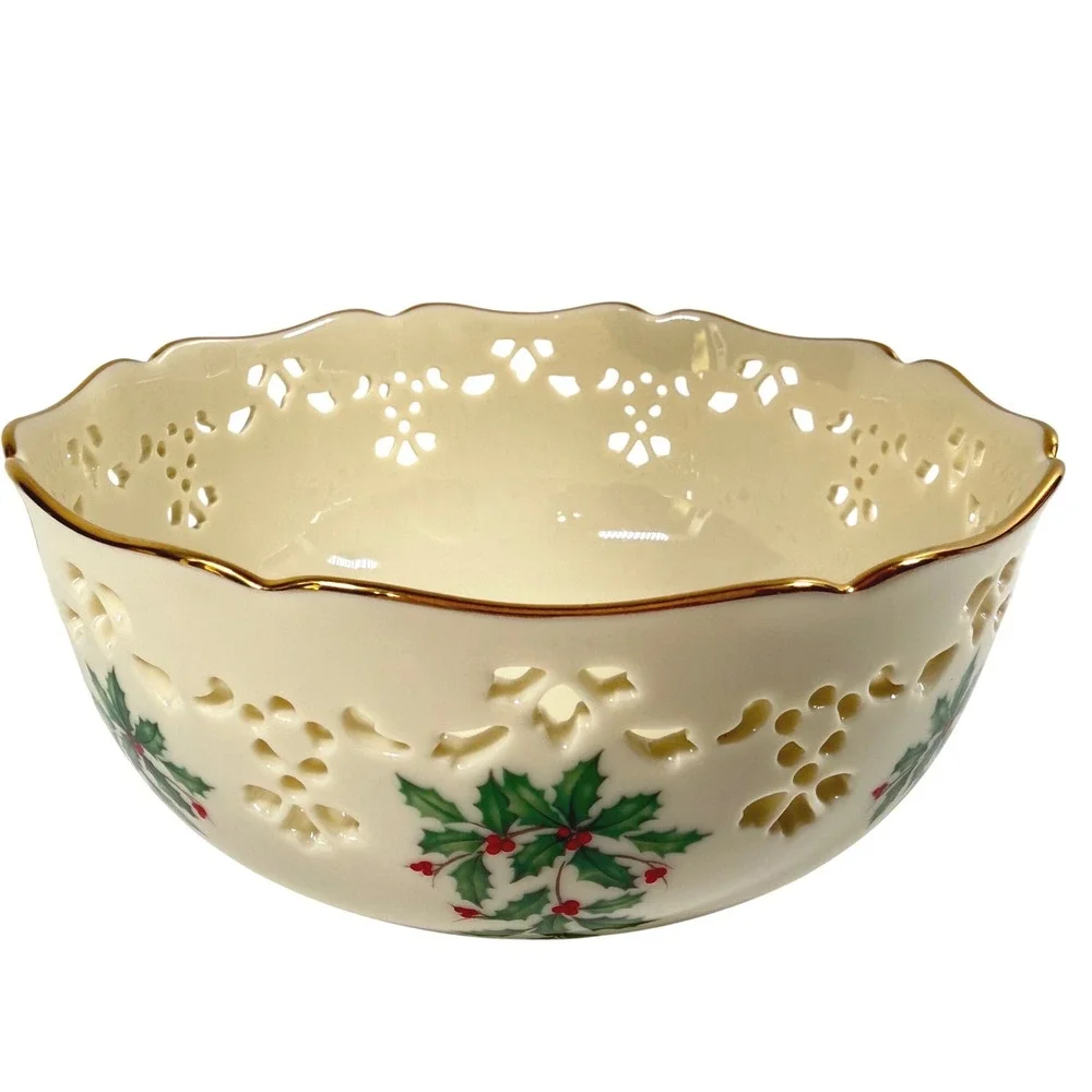 LENOX Holiday Pierced Bowl Ivory Bone China Gold Trim Holly Berry Made in USA 6
